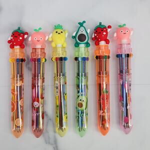 6 Pcs Multicolor Ballpoint Pens 10 in 1 Retractable Cute Cartoon Fruit Character